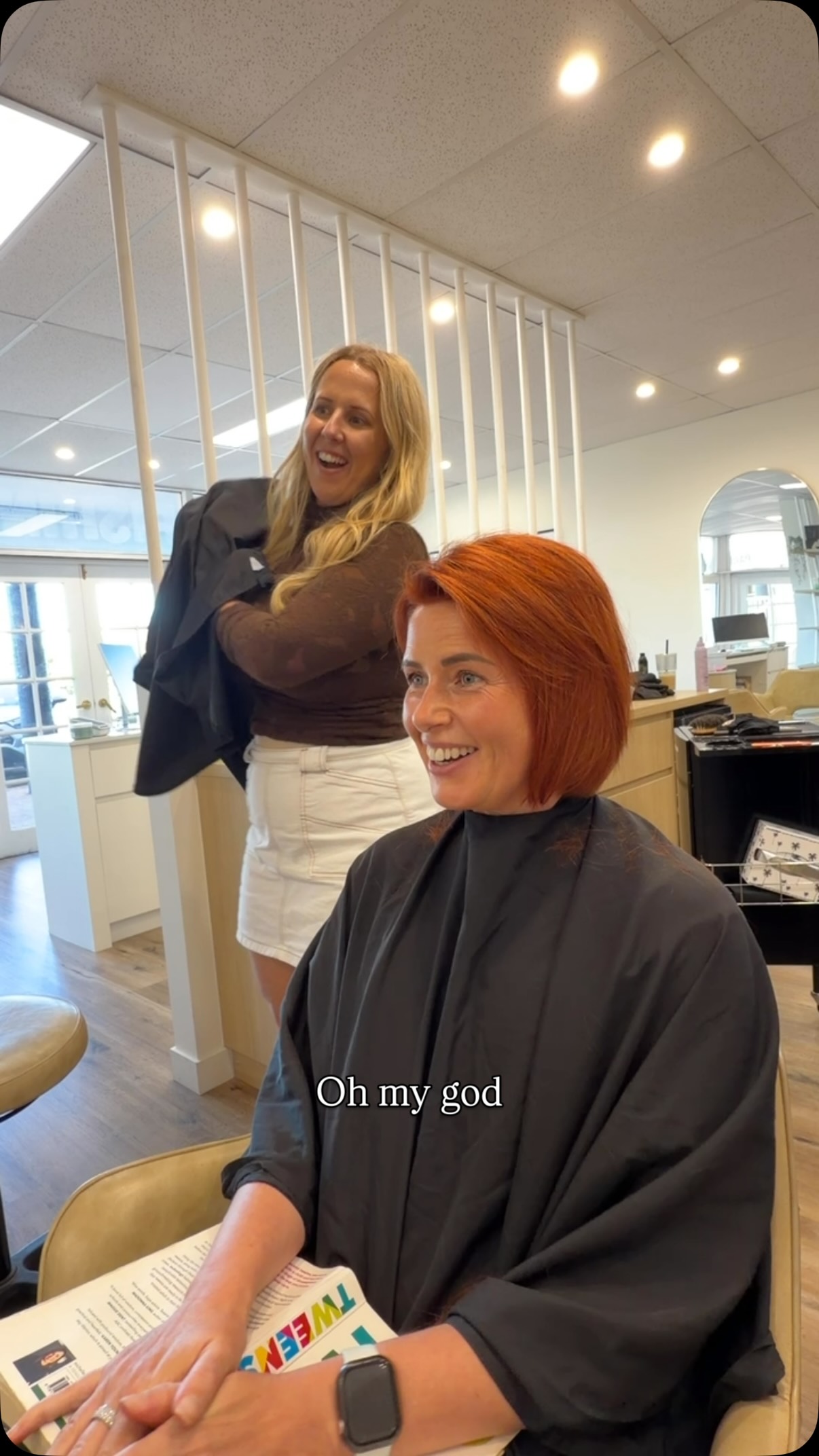 And here is the reveal 🧡🧡🧡 

We covered the mirror so she couldn’t see until it was finished. Was so much fun. 

This copper has really brought out her eyes and makes her hair look thicker and fuller too.
