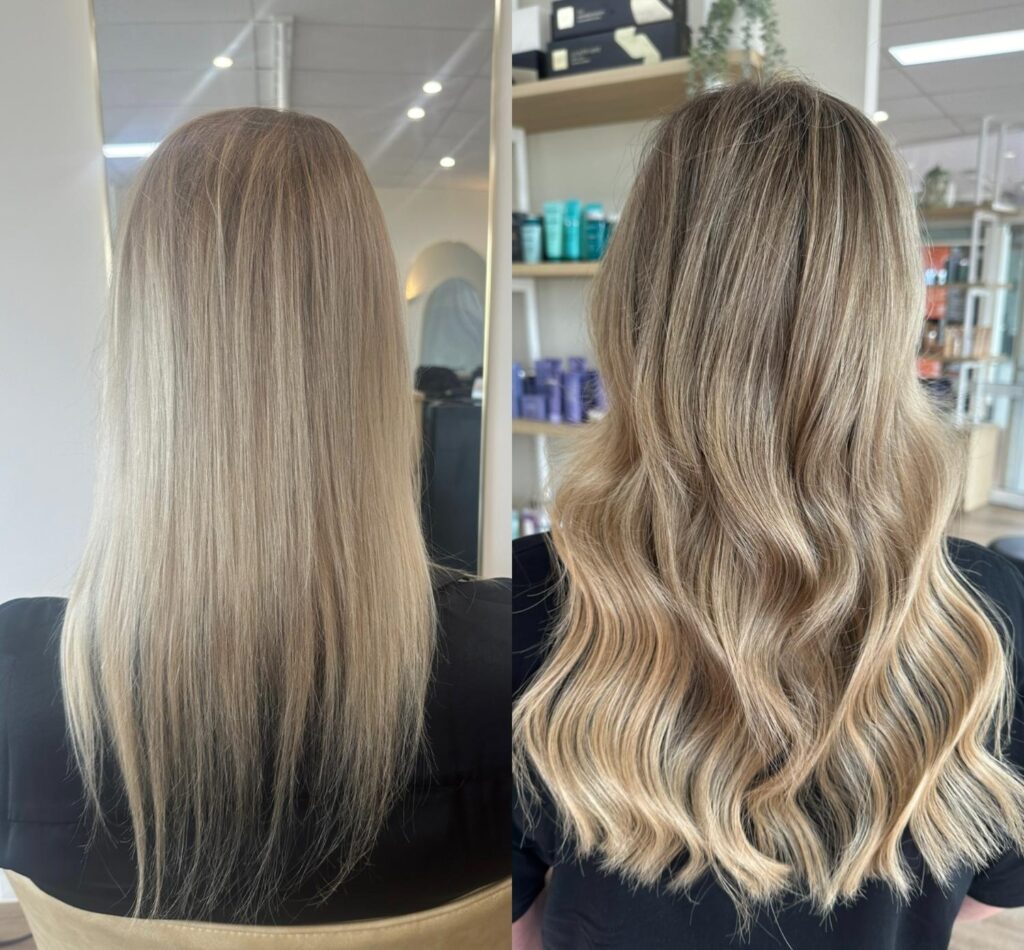 Keratin bond hair extensions blended seamlessly into blonde hair