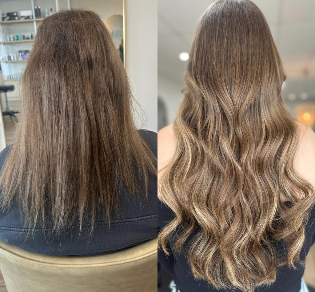 Keratin bond hair extensions blending into natural blonde hair