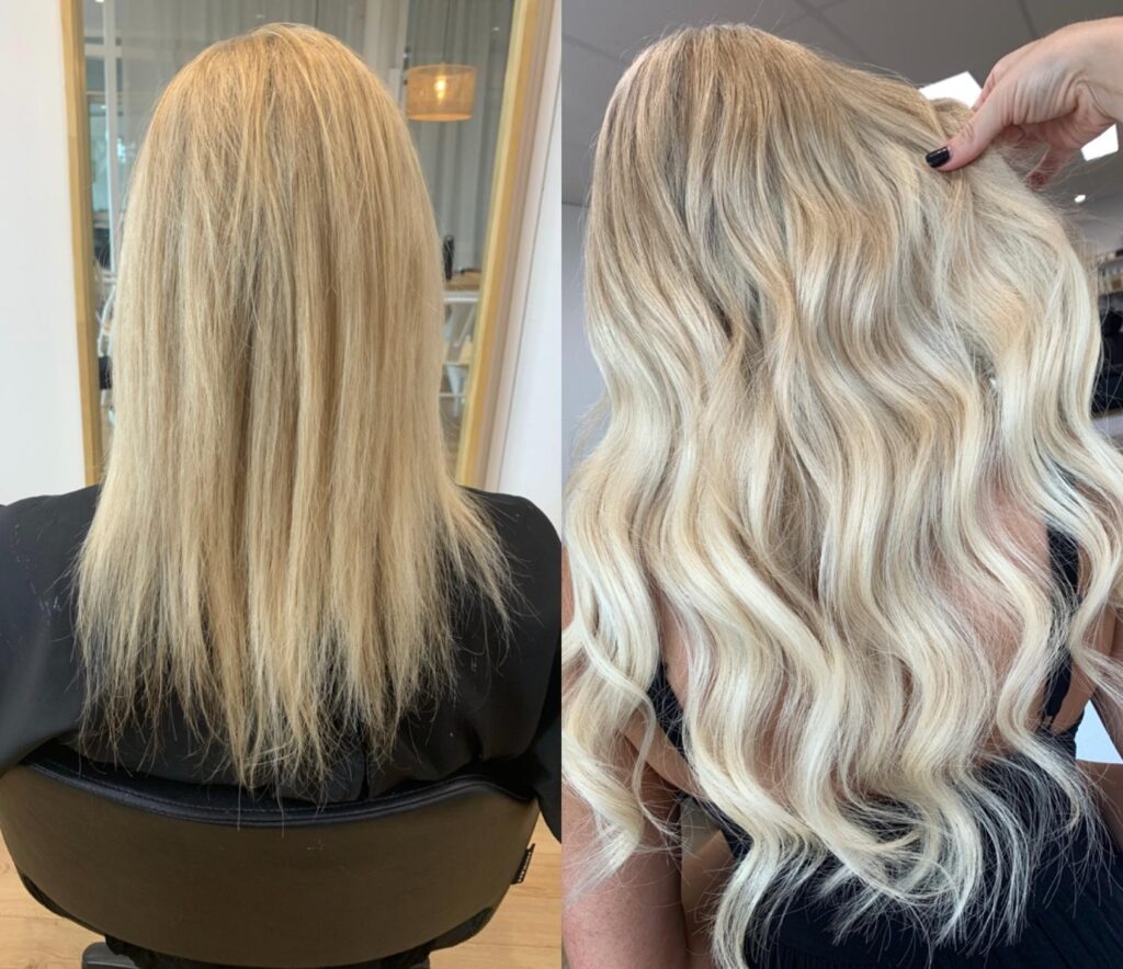 Tape-in hair extensions applied to blonde hair for added fullness
