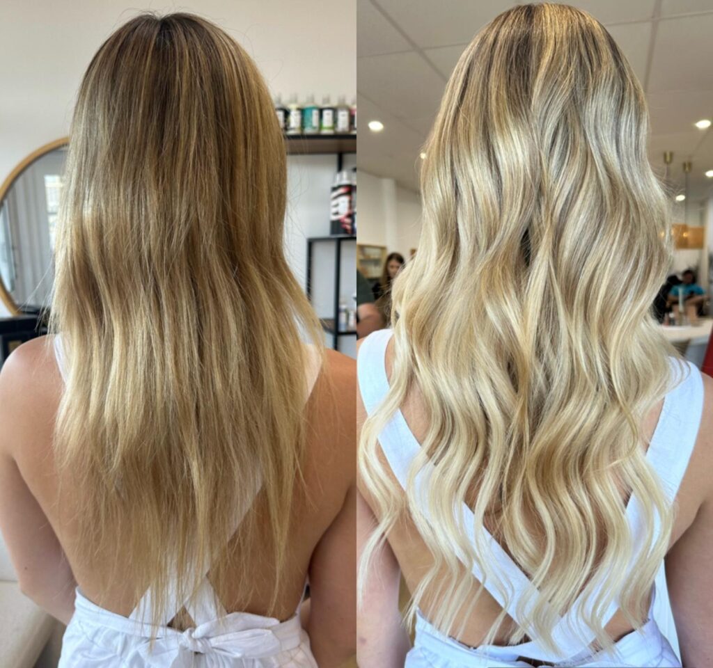 Hand-tied weft extensions installed for natural blonde volume
