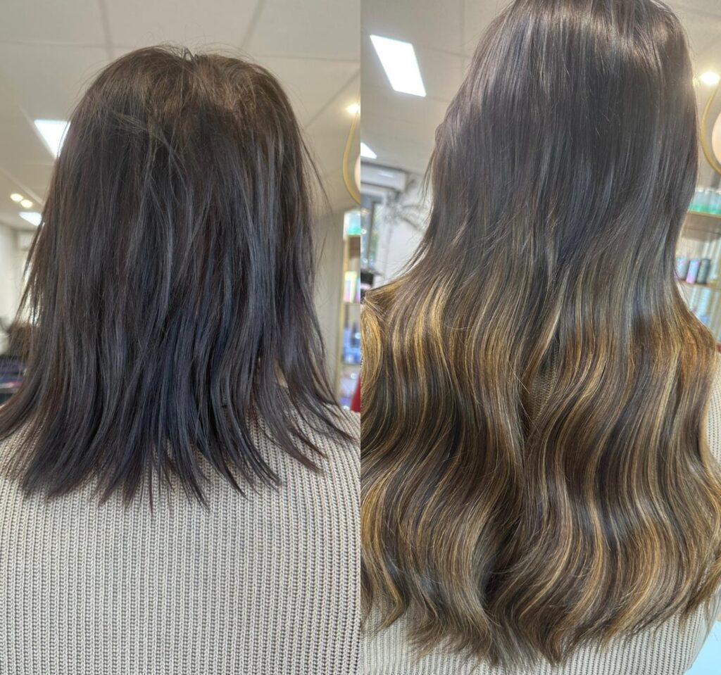 Hand-tied weft extensions installed for natural movement in blonde hair
